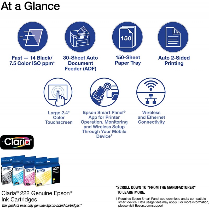 Epson Workforce WF-2960 Wireless All-in-One Printer with Scan, Copy, Fax, Auto Document Feeder, Automatic 2-Sided Printing, 2.4″ Touchscreen Display, 150-Sheet Paper Tray and Ethernet