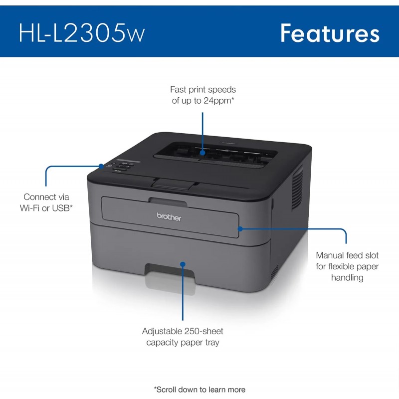 Brother HLL2305W Compact Mono Laser Single Function Printer with Wireless and Mobile Device Printing