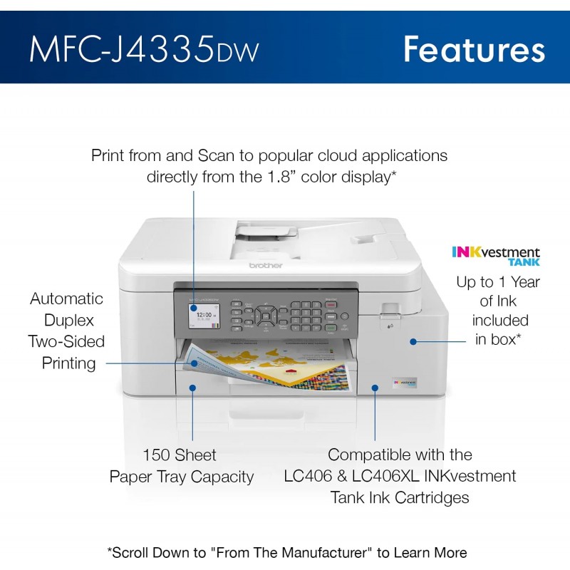 Brother MFC-J4335DW INKvestment-Tank All-in-One Printer with Duplex and Wireless Printing Plus Up to 1-Year of Ink in-Box
