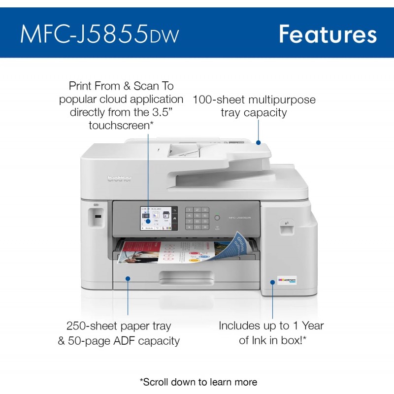 Brother MFC-J5855DW INKvestment Tank Color Inkjet All-In-One Printer with up to 1 Year of Ink In-box1 and to 11” x 17” printing capabilities