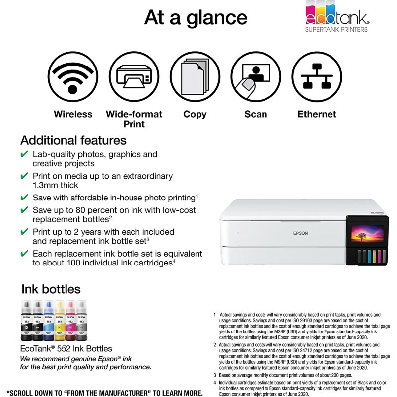 Epson EcoTank Photo ET-8550 Wireless Wide-Format All-in-One Supertank Printer with Scanner, Copier, Ethernet and 4.3-inch Color Touchscreen
